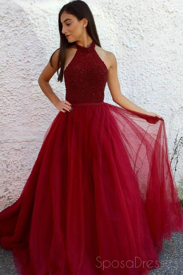 Red Halter Beaded A-line Cheap Long Evening Prom Dresses, Cheap Sweet 16 Dresses, 18390