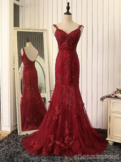 Sexy Backless Red Lace Mermaid Long Evening Prom Dresses, 17660