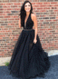 V Neck A line Black Rhinestone Tulle Cheap Evening Prom Dresses, Sweet 16 Dresses, 18300