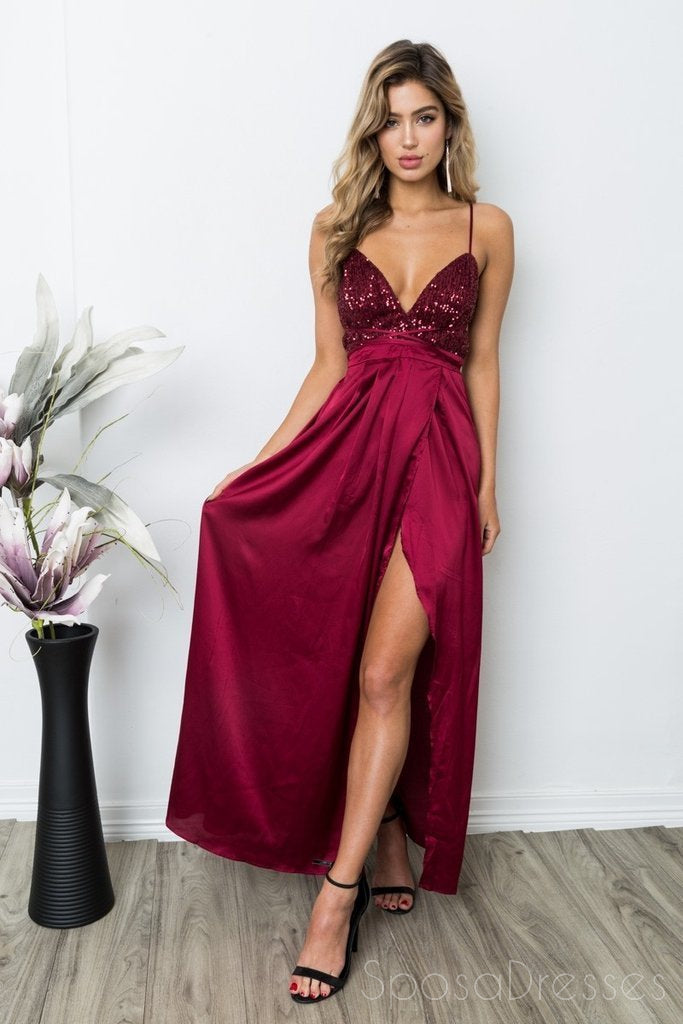 Sexy Backless Red Sequin Side Slit Long Evening Prom Dresses, 17661