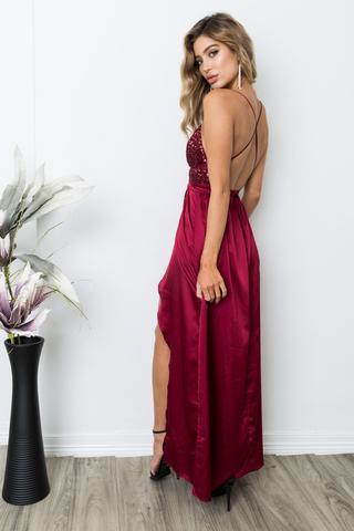 Sexy Backless Red Sequin Side Slit Long Evening Prom Dresses, 17661