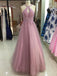 Pink Lace Applique A-line Long Evening Prom Dresses, Cheap Sweet 16 Dresses, 18306