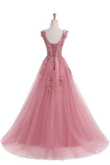 Custom Formal Pink Lace A-line Long Evening Prom Dresses, 17669