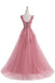 Custom Formal Pink Lace A-line Long Evening Prom Dresses, 17669