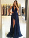 Sexy Backless Side Slit Navy Halter Custom Long Evening Prom Dresses, 17718