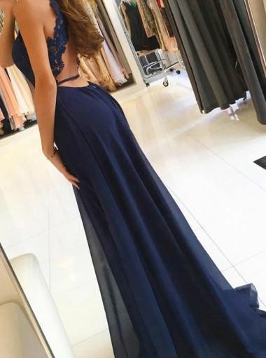 Sexy Backless Side Slit Navy Halter Custom Long Evening Prom Dresses, 17718