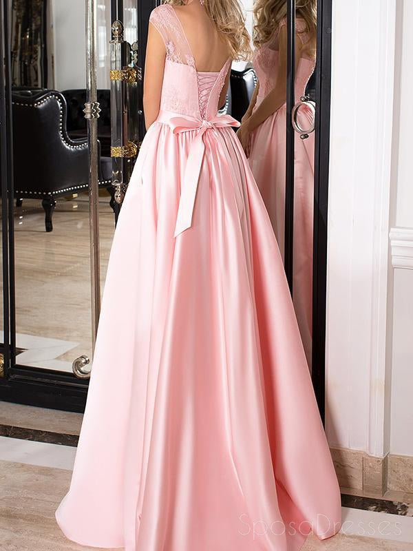 Pink Lace Illusion Cap Sleeve A-line Long Evening Prom Dresses, 17679