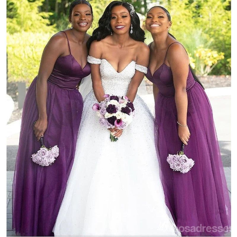 Purple Spaghetti Straps V-neck A-line Cheap Long Bridesmaid Dresses Online,WG1649