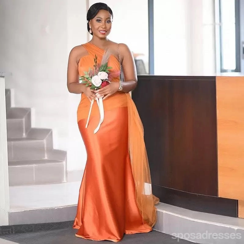 Orange Mermaid One Shoulder Cheap Long Bridesmaid Dresses,WG1442