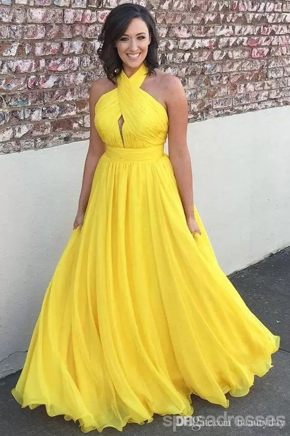 Yellow A-line Chiffon Halter Cheap Long Bridesmaid Dresses Online,WG1335