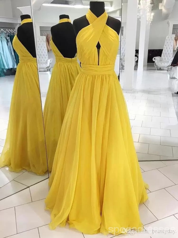 Yellow A-line Chiffon Halter Cheap Long Bridesmaid Dresses Online,WG1335