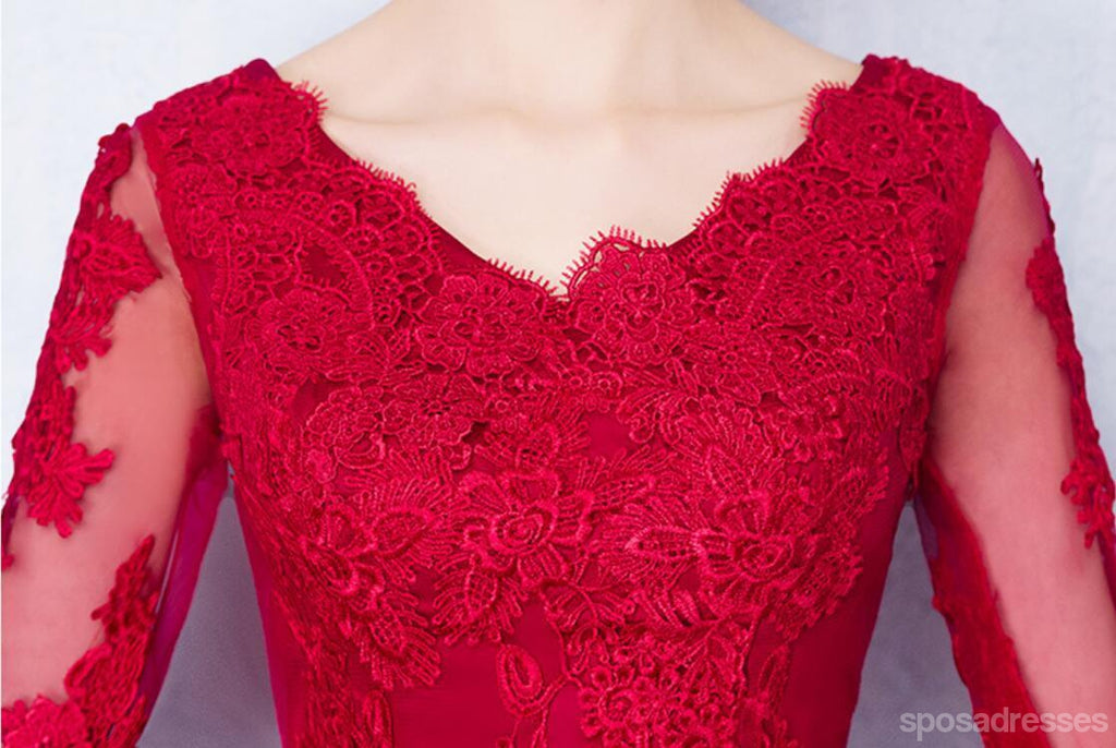 Long Sleeves Red Lace High Low Cheap Homecoming Dresses Online, CM699