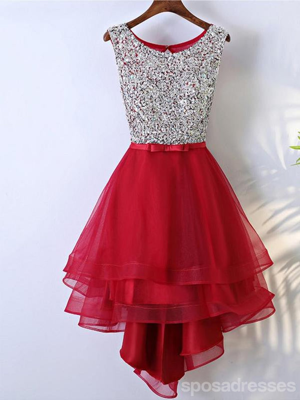 Rhinestone High Low Open Back Rouge Homecoming Dresses, Short Homecoming Dresses, CM241