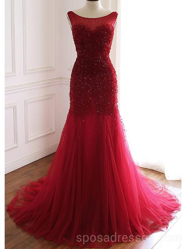 Mermaid See Through Red Long Evening Prom Dresses, Cheap Custom Party Prom Dresses, 18598