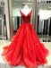 Two Straps V Neck Bright Red A line Long Custom Evening Prom Dresses, 17454