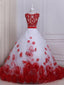 Two Pieces Red Lace Hand Made Flower A line Long Evening Prom Dresses, 17556