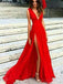 2018 Sexy Side Slit Low V Neck A line Long Evening Prom Dresses, 17459