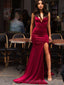 Dark Red Side Slit Mermaid Long Evening Prom Dresses With Pockets, Cheap Custom Party Dresses, 18610