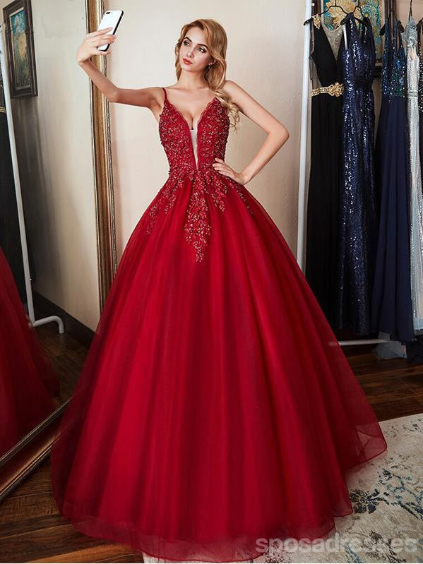 Red A-line Spaghetti Straps V-neck Long Prom Dresses Online, Dance Dresses,12571