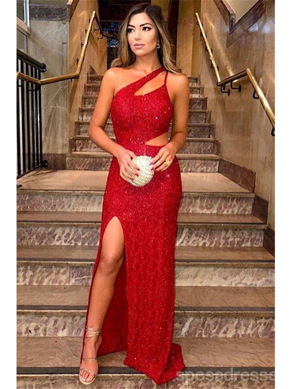 Sexy Red Mermaid One Shoulder Side Slit Cheap Long Prom Dresses,12970