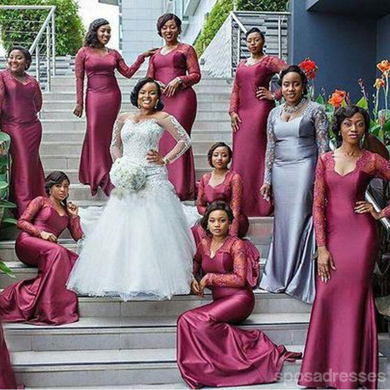 Red Mermaid V-neck Long Sleeves Cheap Bridesmaid Dresses,WG1480