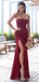 Sexy Red Mermaid Spaghetti Straps Side Slit Cheap Long Prom Dresses,12979