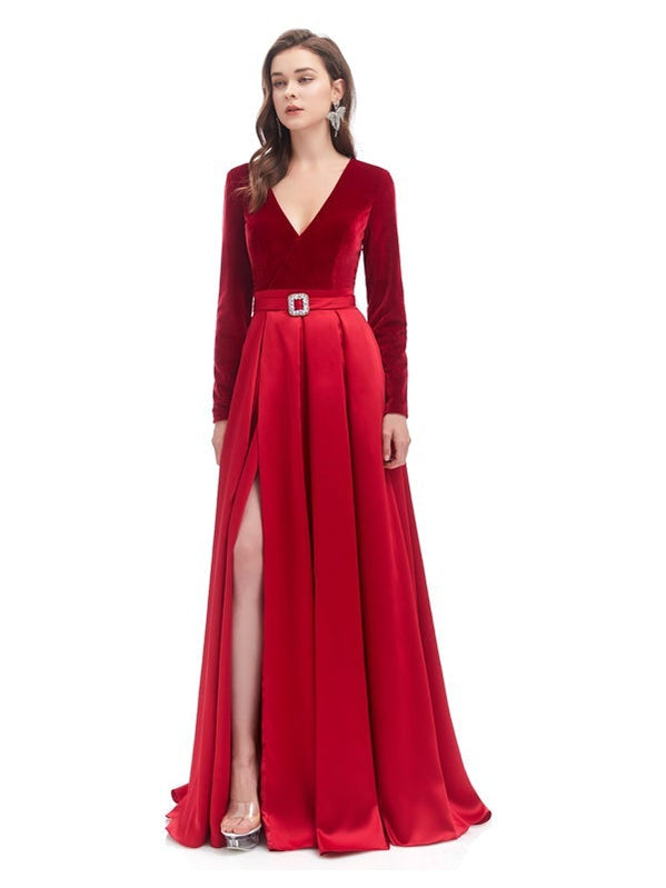 Red A-line Long Sleeves High Slit V-neck Cheap Prom Dresses Online,12770