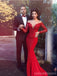 Illusion Mermaid Red Long Sleeves V-neck Cheap Long Prom Dresses,12824