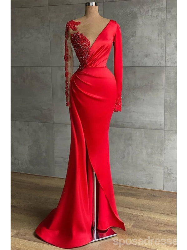 Red Mermaid Long Sleeves V-neck Cheap Long Prom Dresses,12870