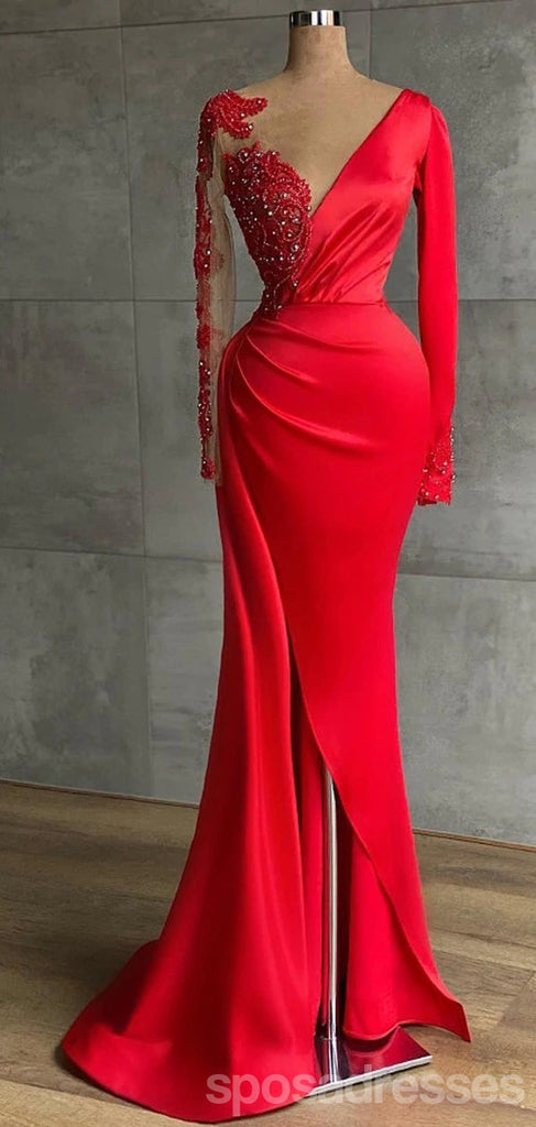 Red Mermaid Long Sleeves V-neck Cheap Long Prom Dresses,12870