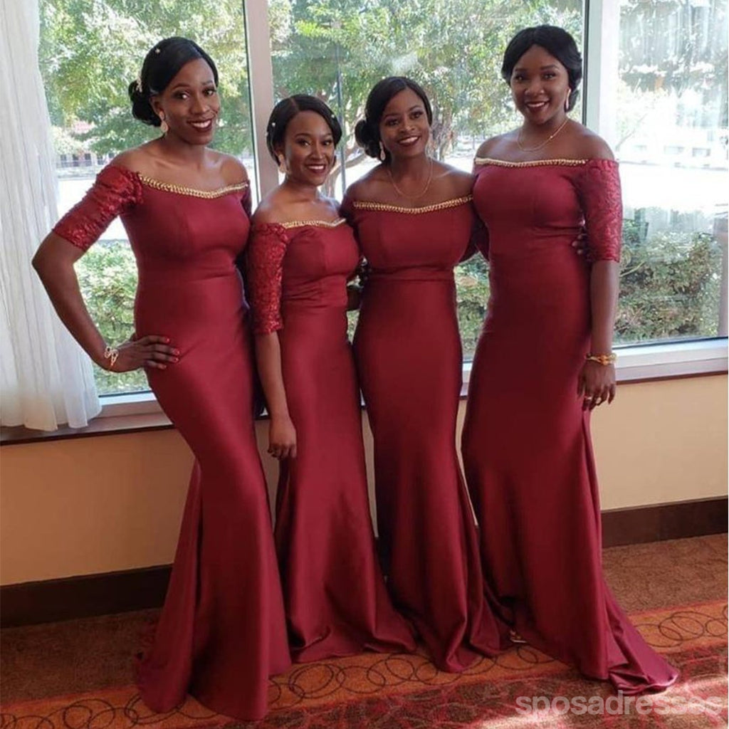 Red Mermaid Off Shoulder Half Sleeves Long Bridesmaid Dresses Gown Online,WG1085