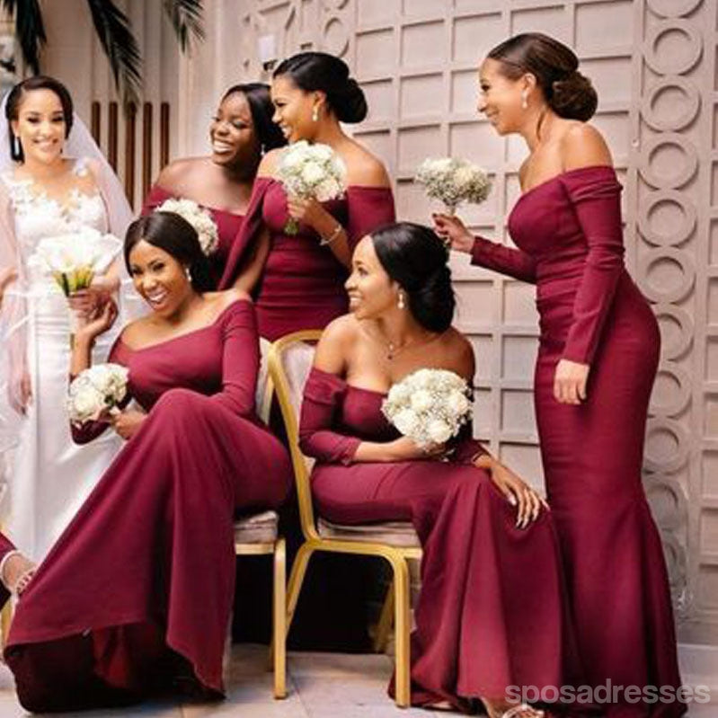 Red Mermaid Off Shoulder Long Sleeves Cheap Bridesmaid Dresses,WG1576