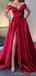 Simple Red A-line Off Shoulder High Slit V-neck Long Prom Dresses Online,12663