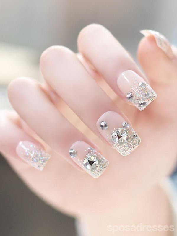 Rhinestone Fake Nails, False Nails Bling Wedding Press On Nails With Design For Women And Girls