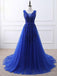 Royal Blue V Neck Lace Perle Applique Longue Soirée Robes de bal, Cheap Sweet 16 Robes, 18426