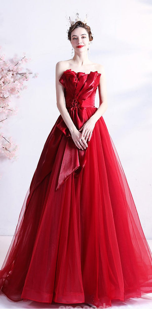 Sweetheart Red Ruffle A-line Long Evening Party Prom Dresses, Dance Dresses,12523