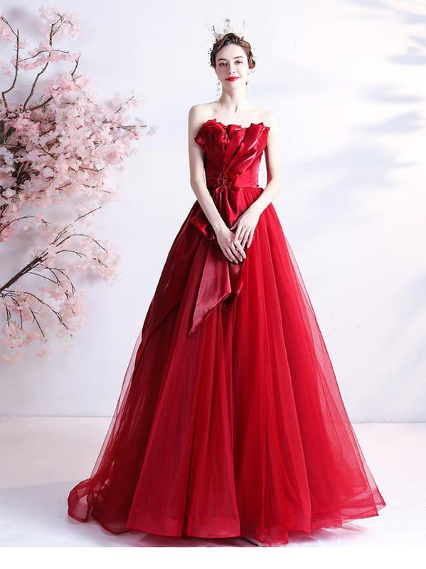 Sweetheart Red Ruffle A-line Long Evening Party Prom Dresses, Dance Dresses,12523