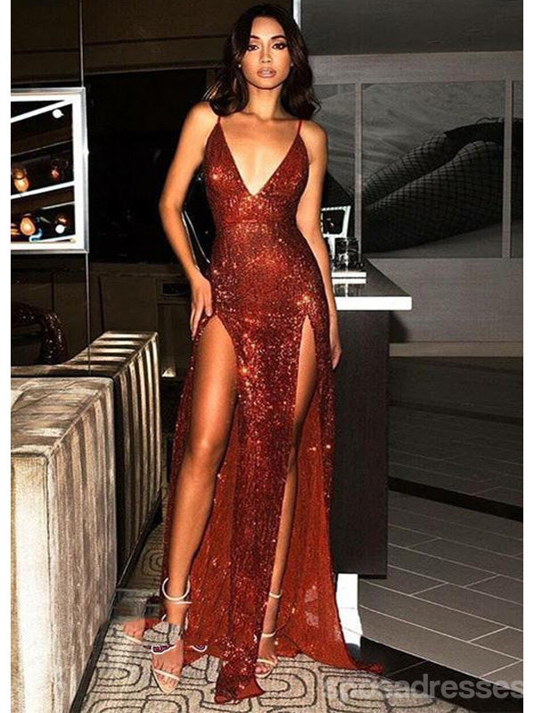 Sexy Rust Sheath High Slit Spaghetti Straps Maxi Long Prom Dresses,13226