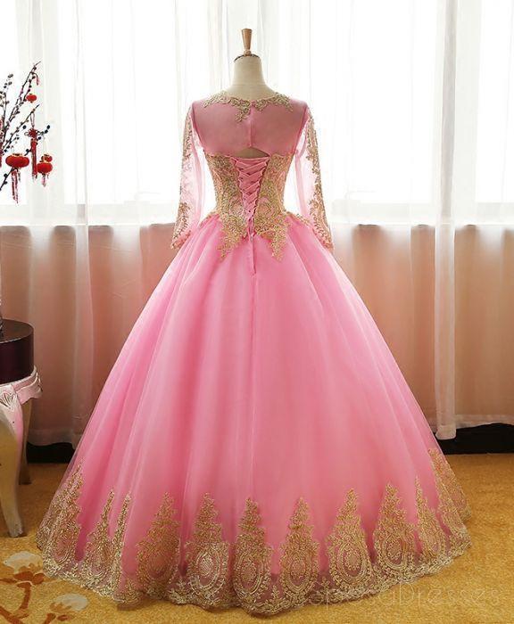 Long Sleeves Gold Lace Pink Skirt A-line Long Evening Prom Dresses, Cheap Sweet 16 Dresses, 18415