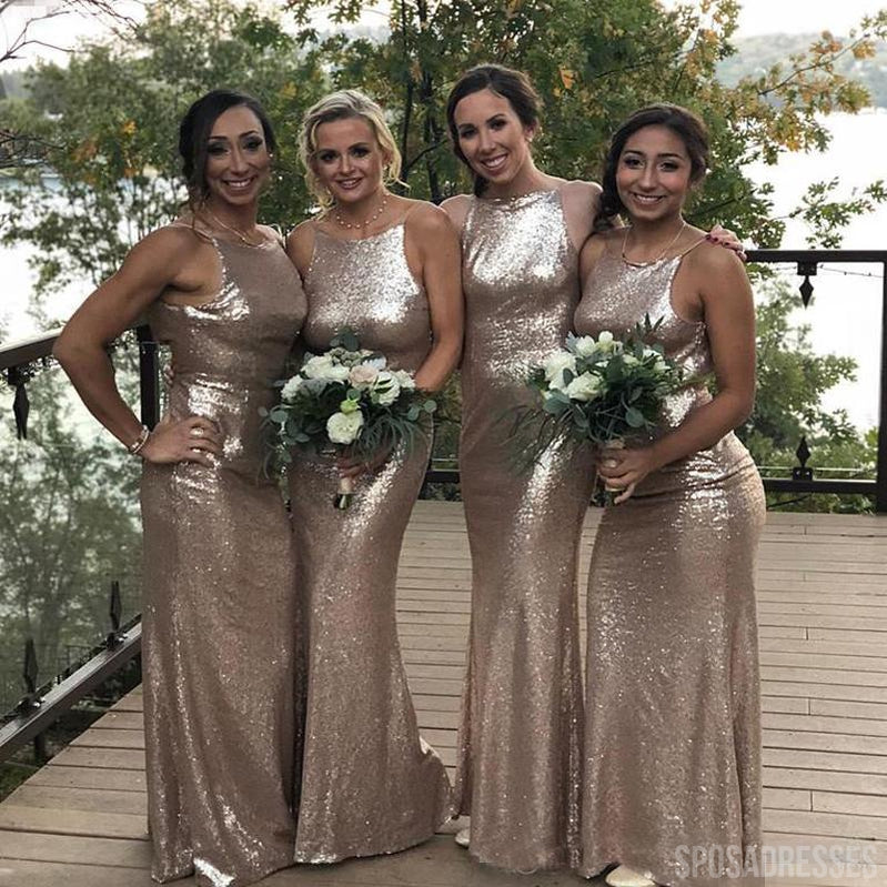 Mermaid Sleeveless Gold Sequin Long Bridesmaid Dresses Online, WG885