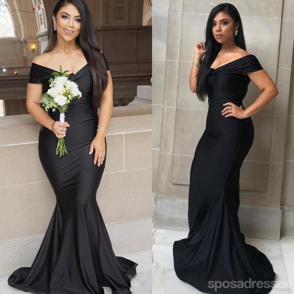 Vintage Mermaid Black Off The Shoulder V-Neck Long Bridesmaid Dresses Gown Online,WG1057