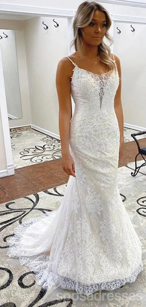 Sexy Mermaid Spaghetti Straps Backless Handmade Lace Wedding Dresses,WD772