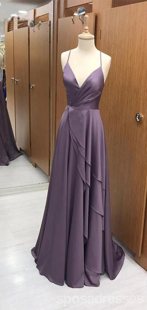 Spaghetti Straps V-neck Long A-line Purple Bridesmaid Dresses Online, WG1083