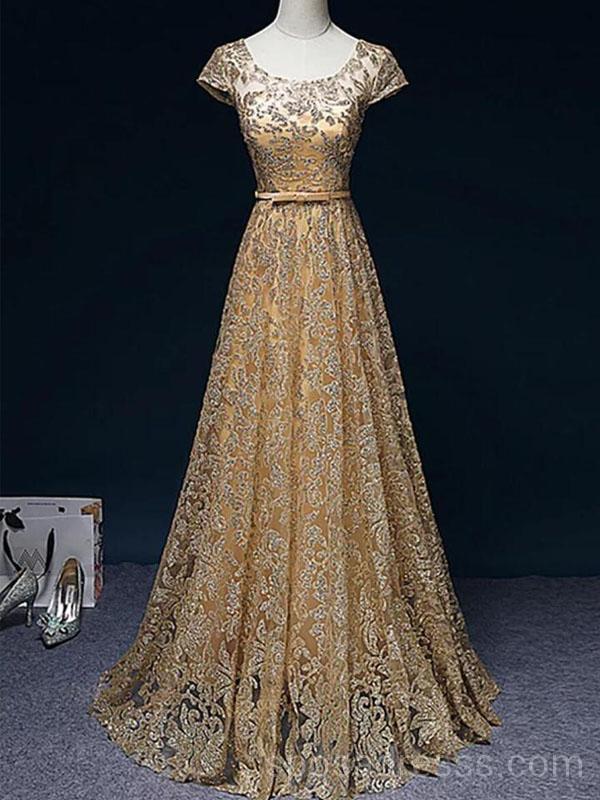 Sparkly Gold Short Sleeves Long Evening Prom Dresses, Cheap Custom Sweet 16 Dresses, 18541