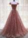 Off Shoulder Sparkly Pink A-line Long Evening Prom Dresses, Cheap Custom Sweet 16 Dresses, 18542