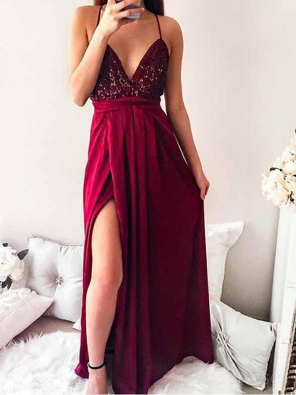 Sexy Backless Sequin Dark Red Cheap Long Evening Prom Robes, Cheap Sweet 16 Robes, 18361