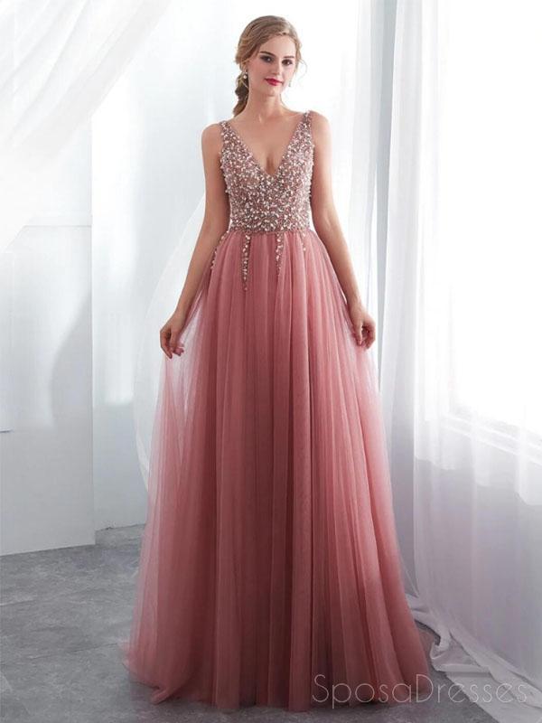 Dusty Pink V Neck côté Neck Beaded Long Evening Prom Dresses, Cheap Custom Sweet 16 Dresses, 18519