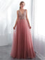 Dusty Pink V Neck côté Neck Beaded Long Evening Prom Dresses, Cheap Custom Sweet 16 Dresses, 18519