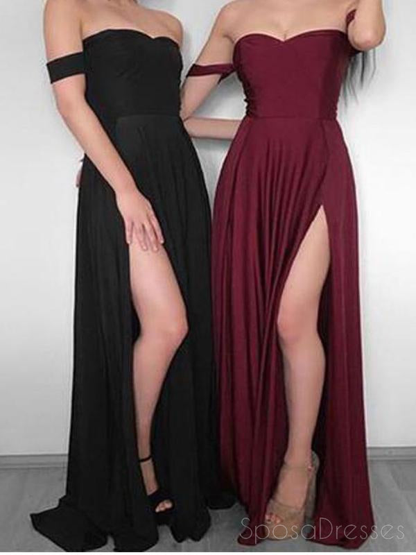 Simple Off Shoulder Side Slit Maroon Long Evening Prom Dresses, 17700