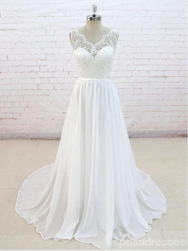 Lace See Through V Neck Cheap Beach Wedding Dresses Online, WD382